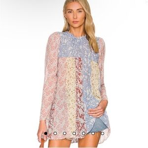 Free People Multi-Color Patchwork Mini Dress - Blue, Pink, Cream, Burgundy